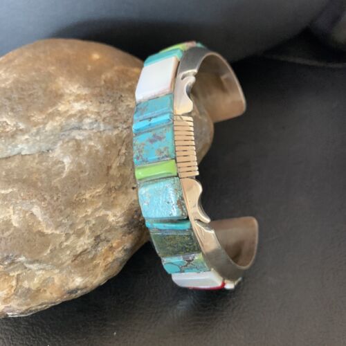 Men's Navajo Turquoise Spiny Coral Inlay Bracelet | Sterling Silver | Authentic Native American Handmade | 12693