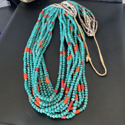 Southwestern Santo Domingo Coral Spiny Blue Turquoise Necklace | 38" | Authentic Native American Handmade | 12050