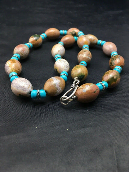 Native American Sterling Silver Blue Turquoise Agate Necklace | Authentic Handmade | 19" | 4499 - Masha USA