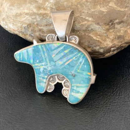Navajo Blue Turquoise Opal Inlay Pendant | Sterling Silver | Authentic Native American Handmade | 12603