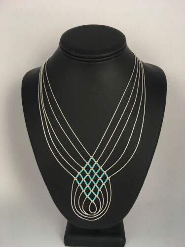 Turquoise Heishi Tubes Pendant | 5-Strand Liquid Sterling Silver Necklace | Authentic Native American Handmade | 8880