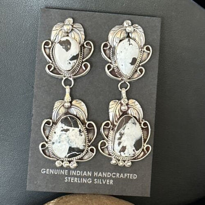 Navajo White Buffalo Turquoise Dangle Earrings | Sterling Silver | 2.5" | Authentic Native American Handmade | 14738