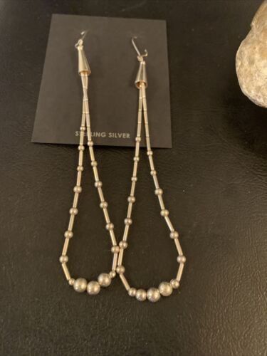 Navajo XL Liquid Heishi Sterling Silver Pearls Beads Earrings | 4" | Authentic Native American Handmade | 13034