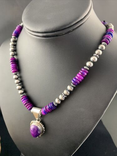 Women's Navajo Necklace with Purple Sugilite Pendant | Sterling Silver | Authentic Native American Handmade | 1628