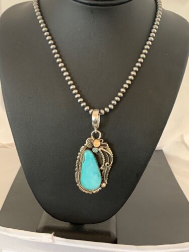Navajo Royston Turquoise Pendant Necklace | Sterling Silver Pearls | Authentic Native American Handmade | 8735