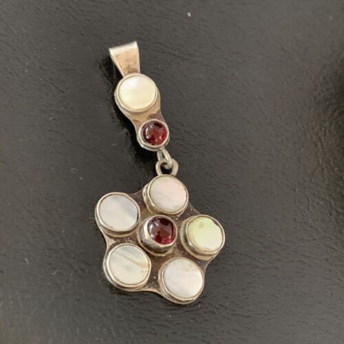 Old Pawn Vintage Multi-Stone Flower Pendant | Sterling Silver | Mother of Pearl & Garnet Dangle | 1186
