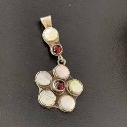 Old Pawn Vintage Multi-Stone Flower Pendant | Sterling Silver | Mother of Pearl & Garnet Dangle | 1186
