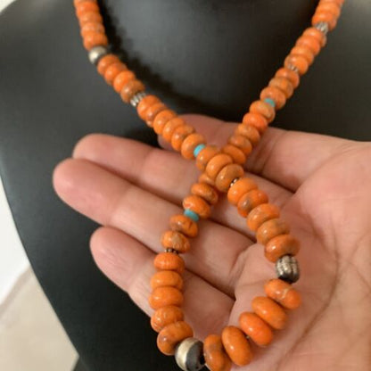 Southwestern Navajo Apple Coral Bead Necklace | Sponge Sterling Silver | Authentic Native American Handmade | 20" | 02043