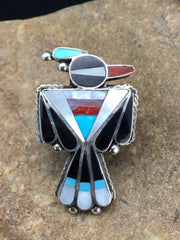 Zuni Coral, Turquoise & Onyx Inlay Bird Ring | Sterling Silver | Sz 3.5 | Authentic Native American Handmade | 2630