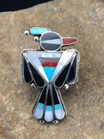 Coral, Turquoise & Onyx Inlay Bird Zuni Sterling Silver Ring Size 3.5 2630