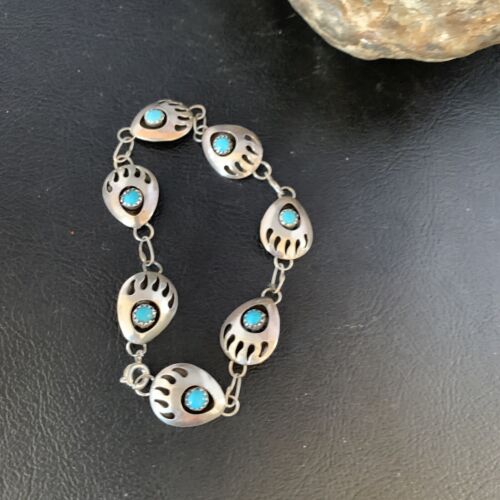 Southwestern Turquoise Bear Paw | Navajo Sterling Silver Link Bracelet | 8693