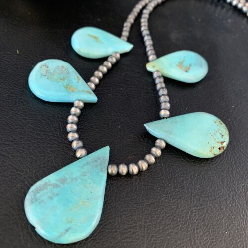 Navajo Teardrop Blue Turquoise Necklace | Sterling Silver Pearls | 20" | Authentic Native American Handmade | 13958