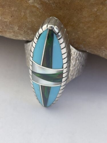 Navajo Opal & Turquoise Inlay Ring | Sterling Silver | Sz 7.5 | Authentic Native American Handmade | 1597