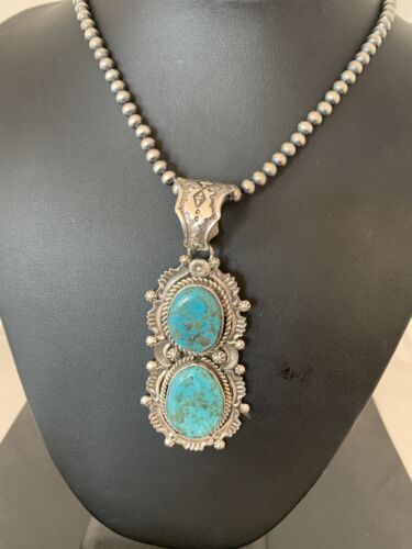 Men's Sterling Silver Navajo Pearls Necklace | Blue Turquoise Pendant | Multi-Stone | Authentic Native American Handmade | 152