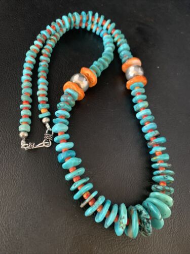 Navajo Natural Turquoise & Spiny Oyster Necklace | Sterling Silver | Authentic Native American | 25" | 13493