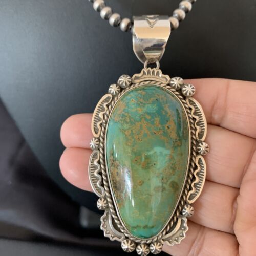 Navajo Green Royston Turquoise Pendant Necklace | Sterling Silver | Authentic Native American Handmade | 10238