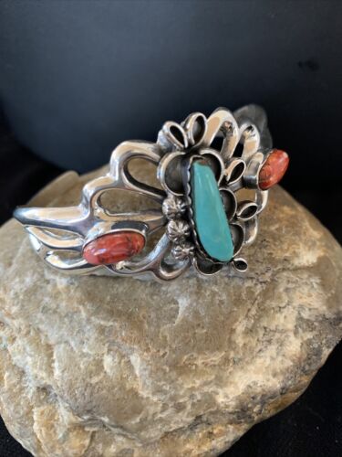 Men's Navajo Kingman Turquoise & Spiny Oyster Bracelet | Sterling Silver | Authentic Native American Handmade | 01031