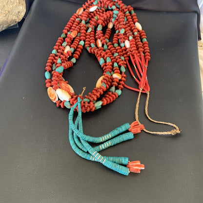Southwestern Santo Domingo Red Coral Green Turquoise 5-Strand Jacla Necklace | 36" | Native American Handmade | 12053
