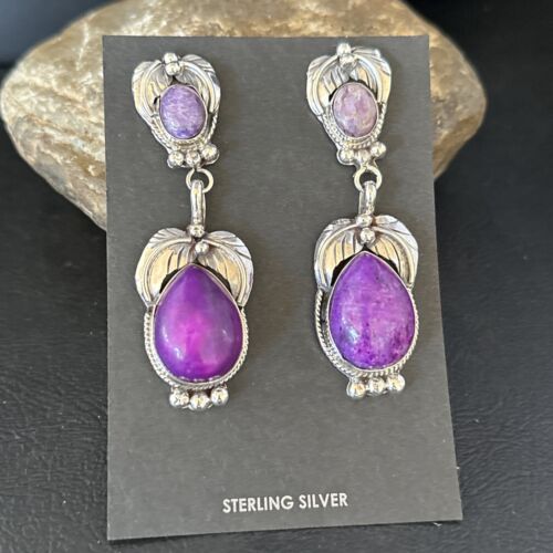 Navajo Purple Sugilite Dangle Earrings | Sterling Silver | 2" | Authentic Native American Handmade | 14404