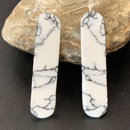 Navajo White Buffalo Turquoise Dangle Earrings | Sterling Silver | 2" | Authentic Native American Handmade | 11753