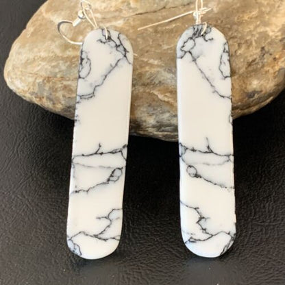 Navajo White Buffalo Turquoise Dangle Earrings | Sterling Silver | 2" | Authentic Native American Handmade | 11753