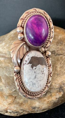 Navajo White Buffalo Turquoise & Sugilite Ring | Authentic Native American Sterling Silver | Multi-Stone | Sz 9.5 | 00309