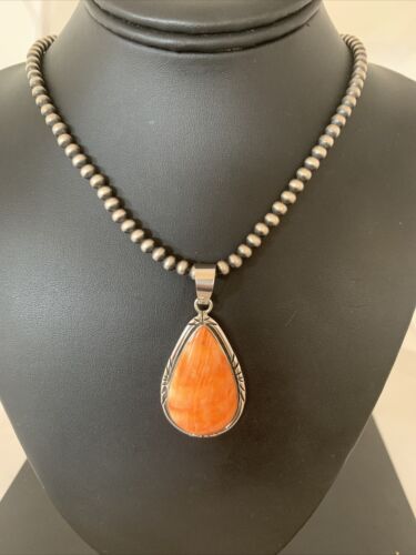 Navajo Men's Orange Spiny Oyster Pendant Necklace | Sterling Silver | Authentic Native American Handmade | 01760