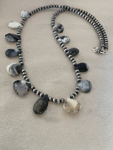 Navajo Pearls Pear Shape Necklace | Sterling Silver Black Rutile Opal Teardrop | Authentic Native American Handmade | 4088