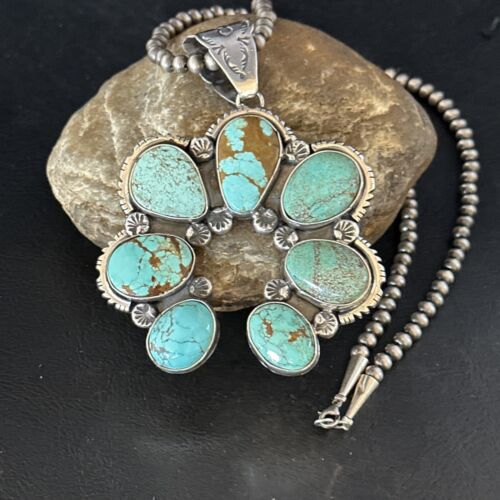 Navajo Blue #8 Turquoise Squash Blossom Necklace Pendant | Authentic Native American Sterling Silver | Naja | 14355