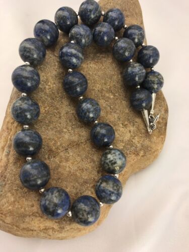 Authentic Native American Handmade | Navajo Sterling Silver Denim Lapis Bead Necklace | 20" | 16mm