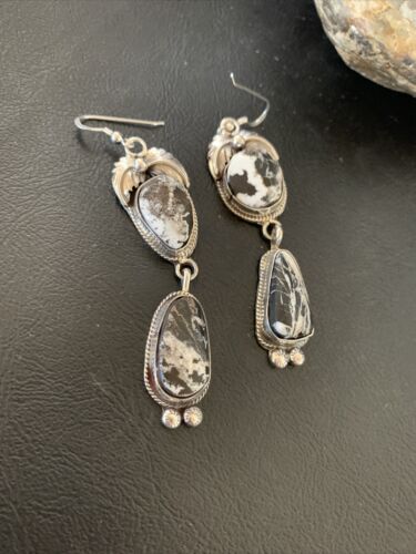 White Buffalo Turquoise Dangle Earrings | Sterling Silver | 2.5" | Authentic Native American Handmade | 12156