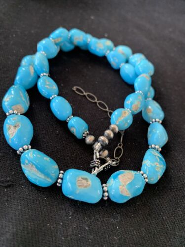 Navajo Sleeping Beauty Turquoise Beads Necklace | Sterling Silver Pearls | Authentic Native American Handmade | 00800