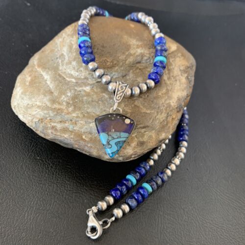 Men's Navajo Pendant | Blue Lapis Turquoise Opal Sterling Necklace 22" | Handmade Jewelry 13390