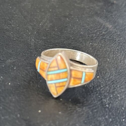 Navajo Blue Turquoise Spiny Oyster Inlay Ring | Sz 8.5 | Authentic Native American Handmade | 14558