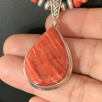 Navajo Red Spiny Oyster Necklace | Sterling Silver Pendant | Men's Women's | Authentic Native American Handmade | 13814