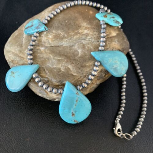 Navajo Teardrop Blue Turquoise Necklace | Sterling Silver Pearls | 20" | Authentic Native American Handmade | 13968