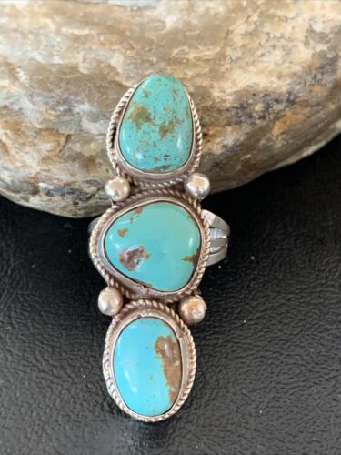 Navajo Blue Turquoise Cluster Ring | Authentic Native American Sterling Silver | Multi-Stone | Sz 10 | 02124