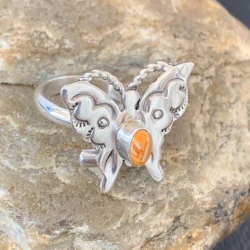 Navajo Orange Spiny Oyster Butterfly Ring | Sterling Silver | Sz Adj 8 | Authentic Native American Handmade | 10350