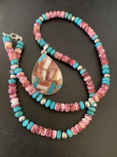 Navajo Pearl Necklace with Blue Turquoise & Purple Spiny Pendant | Sterling Silver | 11744