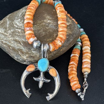 Navajo Blue Turquoise Spiny Oyster Naja Pendant Necklace | Sterling Silver | 18" | Authentic Native American Handmade | 14810 - Masha USA