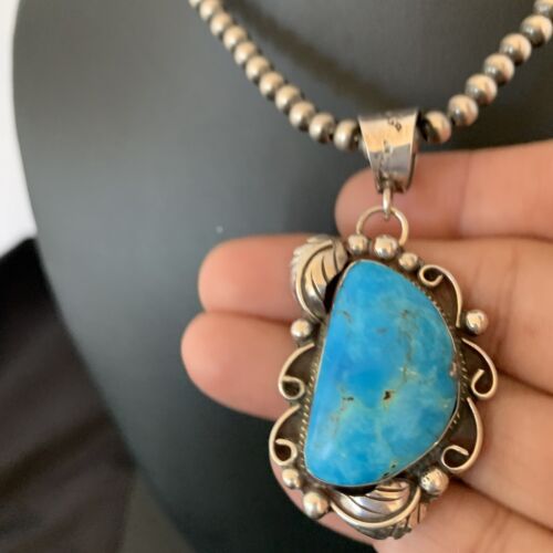 Native American Sterling Silver Blue Kingman Turquoise Necklace Pendant | Women's | 10901