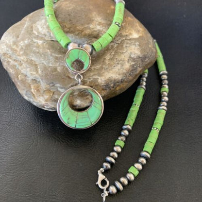 Navajo Green Gaspeite Turquoise Inlay Pendant | Sterling Silver | Authentic Native American Handmade | 12285