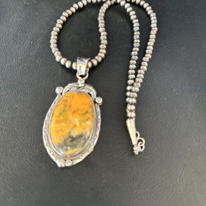 Navajo Bumblebee Jasper Pendant Necklace | Sterling Silver | Authentic Native American Handmade | 14248