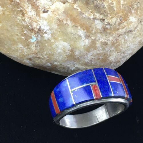Navajo Multi-Stone Lapis Coral Inlay Ring | Sterling Silver | Sz 9.75 | Authentic Native American Handmade | 10102