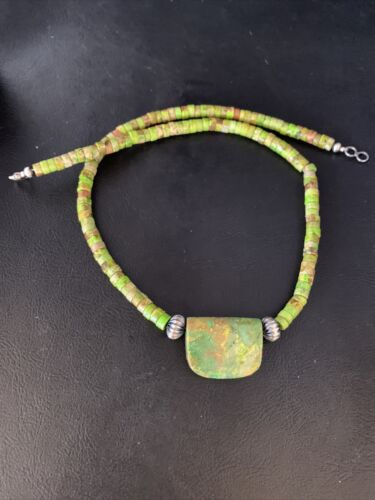Navajo Green Gaspeite Turquoise Pendant | Sterling Silver | Authentic Native American Handmade | 13917