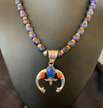 Navajo Blue Lapis Spiny Oyster Naja Pendant | Sterling Silver | Authentic Native American Handmade | 11494