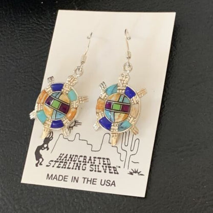 Navajo Turquoise Spiny Opal Inlay Sterling Silver Turtle Earrings | 0.5" | Handmade | 12014
