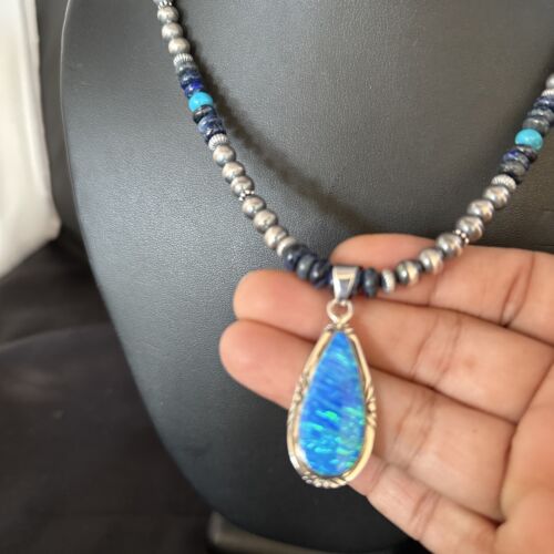Navajo Turquoise Lapis Necklace with Opal Pendant | Sterling Silver | Authentic Native American Handmade | 14366