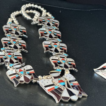 Zuni Thunderbird Turquoise Mother of Pearl Sterling Squash Blossom Necklace | Native American | 14442