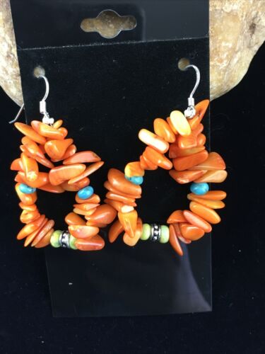 Navajo Orange Coral Turquoise Earrings Set | Sterling Silver | Authentic Native American Handmade | 1784
